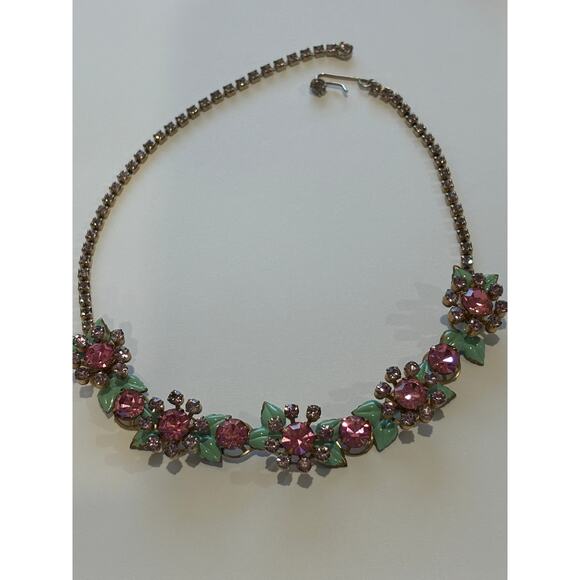 Vintage 40's Pink Purple Rhinestones Green Enamel Necklace - Picture 2 of 7